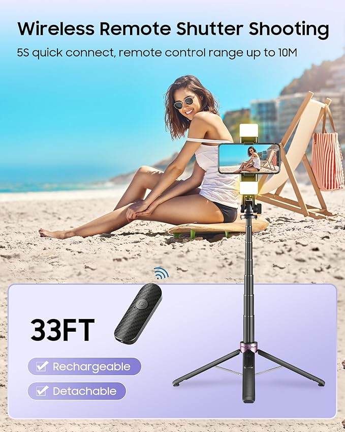 53'' Selfie Stick Tripod with Light, Enhanced 4-Leg Cell Phone Stand Camera Tripod with Rechargeable Wireless Remote & 2 Fill Light, Portable Selfie Stick Travel Essentials for iPhone Android