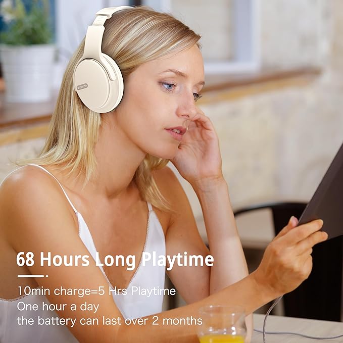 AMORNO Bluetooth Headphones Over Ear, 68 Hours Playtime Wireless Headphones with Mic, Foldable Adjustable Lightweight HiFi Stereo Headset for Cellphone/PC/Work/Travel (White)