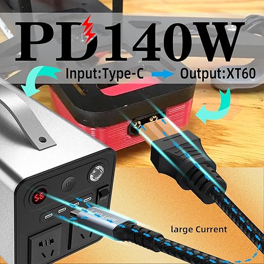 6.6FT USB C to XT60 Charging Cable,Type C to XT60 Female Fast Charging up to 28V 5A 140W Nylon Braided Cable for for Portable Drone, Model, Energy Storage Power, RC Lipo Battery