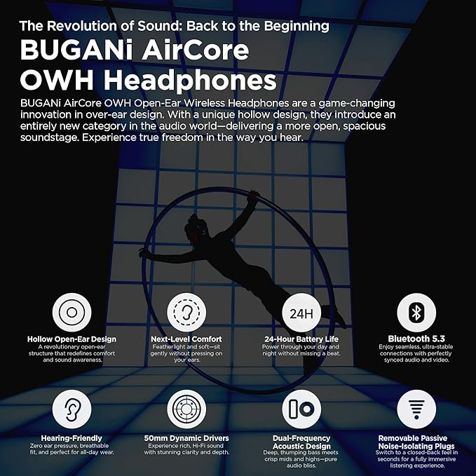 BUGANI AirCore Open-Ear Wireless Headphones: Bluetooth 5.3 Over-Ear Headset with Removable Noise-Canceling Ear Caps, Dual-Driver HiFi Sound, 24H Battery Life Comfortable Fit, Type-C Fast Charging