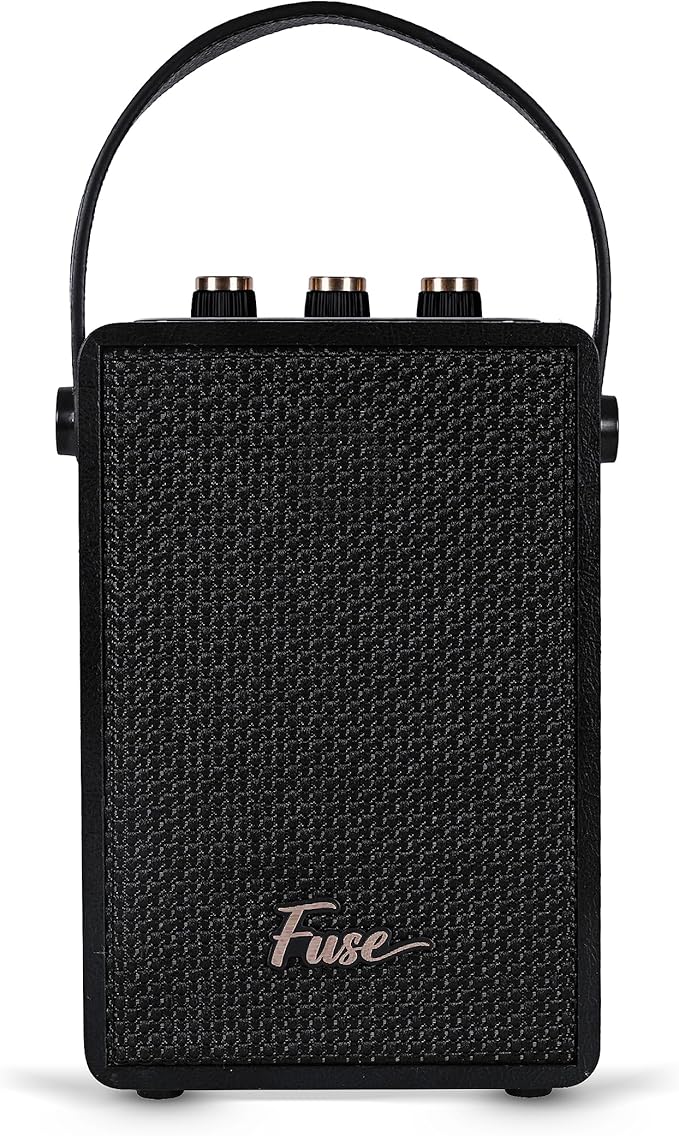 Fuse Andle Vintage Retro Bluetooth Speaker with Vegan Leather Handle | Portable Speaker with Smartphone Connection | USB & AUX Input | Stylish Black Wood Exterior