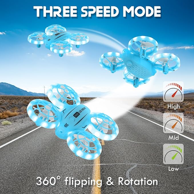 Mini Drone for Beginner, Colorful LED RC Drone Quadcopter with Headless Mode, 360 Flips, Altitude Hold, 3 Speeds Mode,Full Propeller Protect, Gifts for Teen Adults,Blue