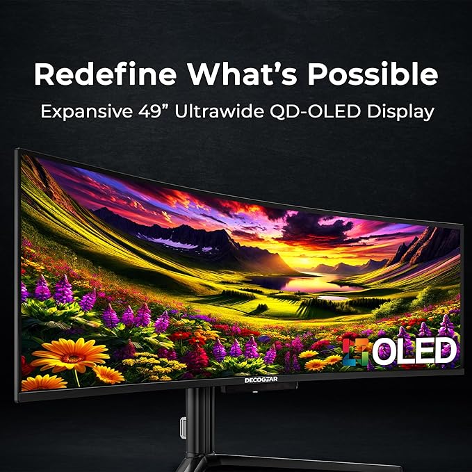 Deco Gear 49" QD-OLED Curved Ultrawide Gaming Monitor w/ 5120x1440, 144Hz, HDR400 True Black, 0.03ms, AdaptiveSync Premium, 100% sRGB, HDMI 2.1, 90W USB-C, Built-in Speakers, Height Adjustable Stand