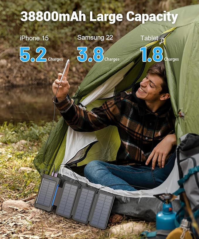 Solar Power Bank 38800mAh with 4 Solar Panels, Portable Charger USB C 18W Fast Charge for iPhone Samsung, IP67 Waterproof Outdoor External Battery Pack with Flashlight Light/SOS/Strobe