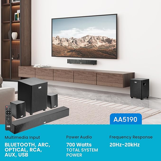 Acoustic Audio 5.1 Surround Sound Home Theater Sound Bar with Bluetooth, RCA, Optical, ARC, AUX, Wireless Subwoofer and Remote Control - AA5190 (Black)