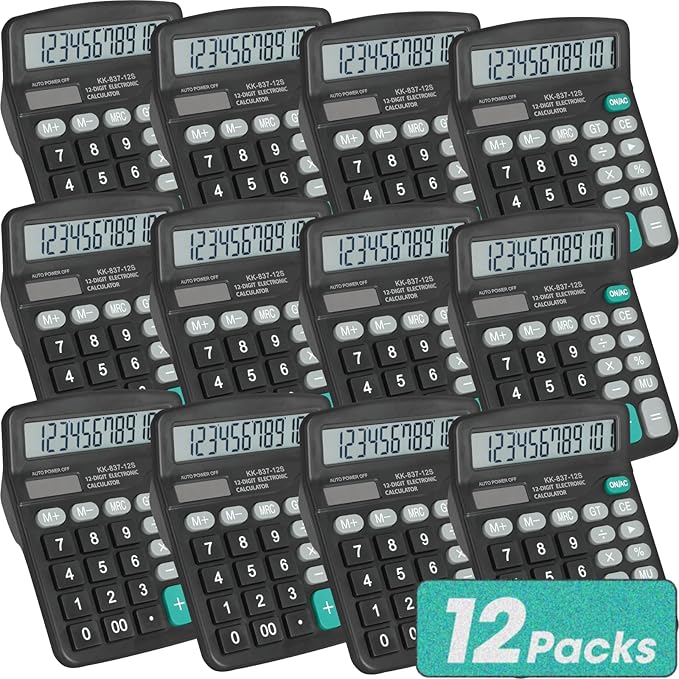 12 Pack Calculator Bulk, 12 Digits Calculators Desktop with Large LCD Display and Sensitive Butto, Solar and Battery Dual Power, Desk Calculator for Office, School, Home