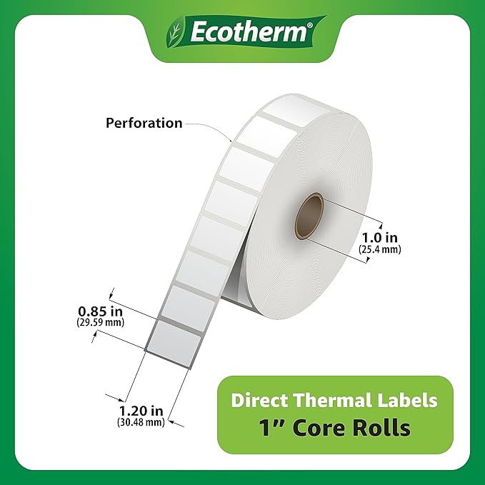 1.2" x .85" Thermal Labels | 6 Rolls | 16260 Labels | fits Zebra, Godex, Arkscan, iDPRT, Offnova Thermal Label Printers and More | Blank White Adhesive Stickers by Ecotherm