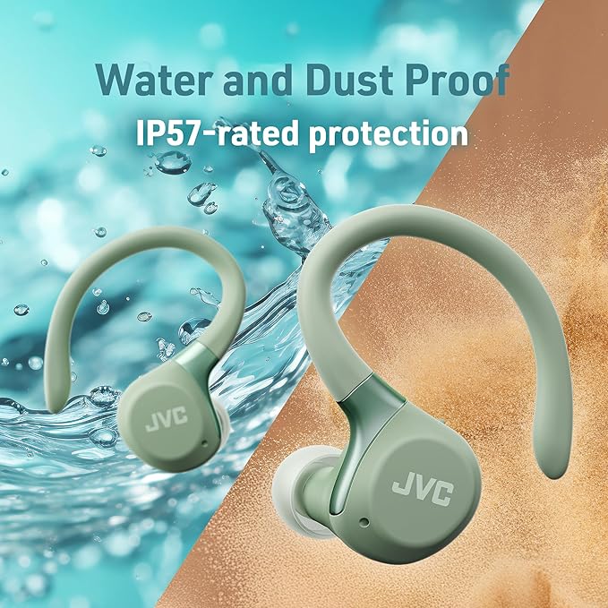 JVC Fitness Series True Wireless Sport Earbuds with Adjustable Hooks, Active Noise Cancelling, Ambient Sound Mode, IP57 Waterproof, 40hr Long Battery Life, App EQ, Low Latency, Mic HAEC75TG Green