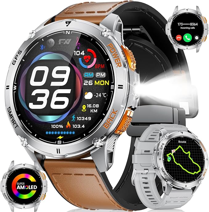 LIGE GPS Smart Watch for Men, 1.43" AMOLED/LED Flashlight/Compass Smartwatch, IP68 Waterproof/Swim Mode/Pedometer/100+ Sports Mode Fitness Tracker, Military Smart Watches for Android iOS Compatible