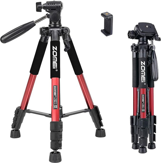 55" Tripod Q111 Travel Camera Tripod with 3-Way Pan Head and Phone Holder Mount for Gopro,Projector,Smartphones Webcam,Spotting Scopesto Live Broadcast and DSLR EOS Canon Nikon Sony Samsung(Red)
