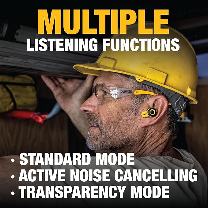DEWALT Heavy Duty Bluetooth Jobsite Pro X2 ANC True Wireless Earbuds, Active Noise Cancelling Work Earbuds, Turn Dial Controls, 10Hr Runtime (40+ w/Case), 4 EQ Modes, IP54