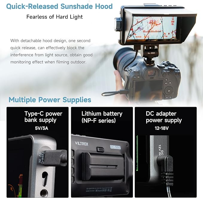 VILTROX DC-550 1200 Nits DSLR Camera Field Monitor, 4K 1920x1080 Touchscreen Portable On-Camera External Video Monitor Kit with Sunshade Hood/Battery 3D LUT DC HDMI Input Output Video Focus Peaking