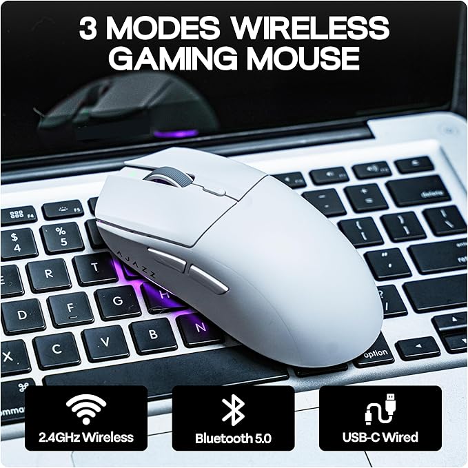 AJAZZ AJ139 V2 MC Gaming Mouse with Charging Base, Adjustable 12,000 DPI, PAW3311 Sensor, 3 Modes Wireless Mouse, 500mAh Battery, 1000 Polling Rate, 66g Lightweight, Win/Mac (White)