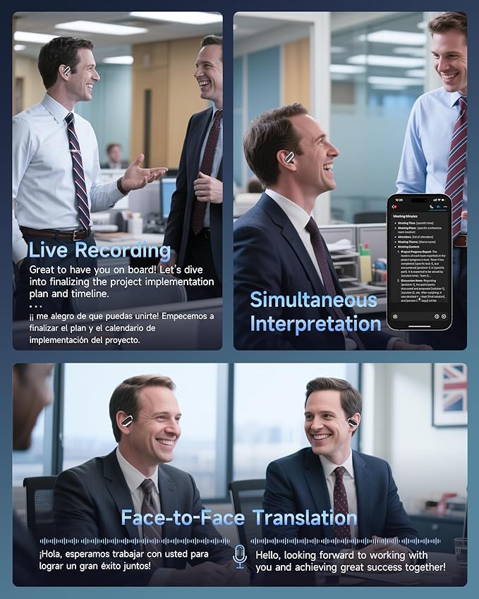 CoolJumper AI Translating Earbuds Real Time 3 in 1 Translation Headphones 144 Languages & Accents, Ultra Open Ear Headphones Bluetooth 5.4 for Bussiness Travel Learning - Silver Black