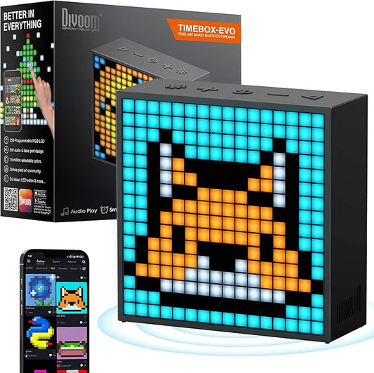 Divoom TimeBox Evo -- Pixel Art Bluetooth Speaker with 16x16 LED Display APP Control - Cool Animation Frame & Gaming Room Setup & Bedside Alarm Clock- Black