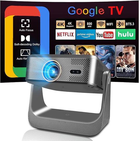 【Official Licensed GTV】Smart TV Projector with WiFi and Bluetooth, Outdoor Portable Projector Native 1080P, 800 ANSI, Voice Input, Auto Focus, 4K Supported, Mini FHD Home Movie Proyector iOS/Android