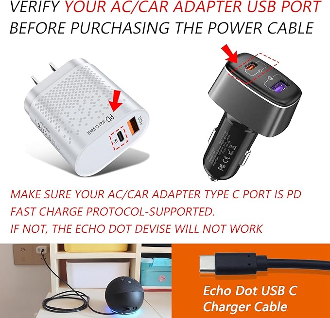 USB C to DC Charger Adapter for Echo Dot 3rd/4th Gen, Echo Dot 3rd/4th Gen with Clock Kids,Echo Spot (Black)