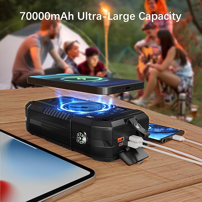 Solar Charger Wireless Power Bank 70000mAh Built in 2 Cables and Hand Crank, Portable Charger 22.5W Fast Charger 6 Outputs & 4 Inputs External Battery Pack with Bright Flashlight and Compass