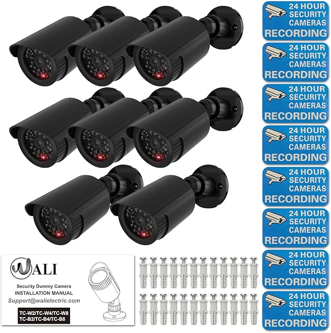 WALI Dummy Fake Simulated Surveillance Security CCTV Dome Camera Indoor Outdoor with One LED Light, Warning Security Alert Sticker Decal (TC-B8), 8 Packs, Black
