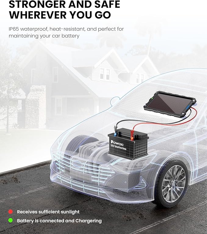 POWOXI 3.3W-Solar-Battery-Trickle-Charger-Maintainer -12V Portable Waterproof Solar Panel Trickle Charging Kit for Car, Automotive, Motorcycle, Boat, Marine, RV, Trailer, Powersports, Snowmobile, etc.