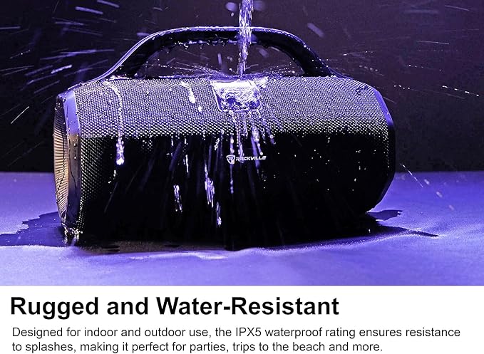 Rockville SONIC-50L Portable Bluetooth Speaker, 50W Stereo Sound, Dual LED Rings, IPX5 Water-Resistant, Upto 24-Hour Battery, TWS, USB/TF Card/AUX/Mic Inputs, for Outdoor and Indoor Events