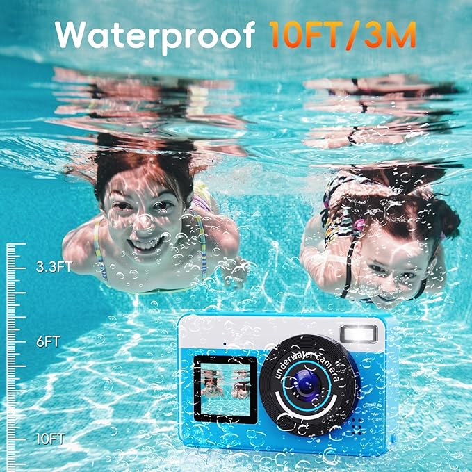 Underwater Digital Camera - MaxMango 10 FT Waterproof Floating Camera with 32GB Card, Dual Screen Selfie Camera for Snorkeling, Swimming, Skiing, 48MP 18X Autofocus Compact Point and Shoot Digital