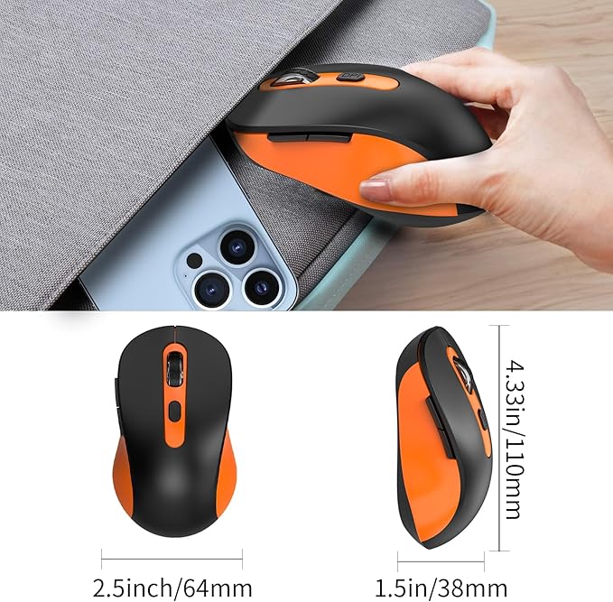 Wireless Mouse for Laptop, PC, Chromebook, Mac, MacBook, Silent Mouse with USB Nano Receiver, Side Button, 2400 DPI, Anti Slip Roller, 6 Button Ergonomics Cordless Computer Mice - Black Orange