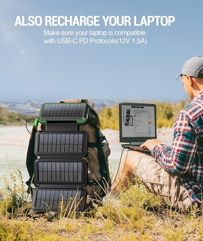 BLAVOR Solar Charger Power Bank, PD 18W Fast Charging 20000mAh Battery Pack with 4 Foldable Panels, Portable Solar Powered USB C Charger with Camping Flashlight Compass Carabiner for Cell Phone