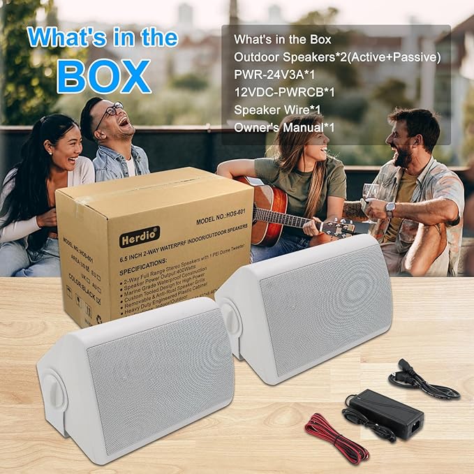 Herdio 6.5 Inches Outdoor Bluetooth Speakers Waterproof with Powerful Bass,Wall Mount Speakers Wired Weather Resistant for Patio Home Deck Porch Backyard 400 Watts(White)