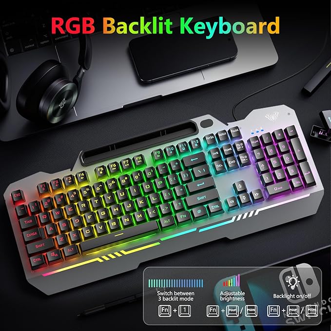 AULA Keyboard, T102 104 Keys Gaming Keyboard and Mouse Combo with RGB Backlit Number Pad, All-Metal Panel Waterproof Light Up PC Keyboard,USB Wired Computer Keyboards Gaming for Win XP/7/8/10 PC Gamer