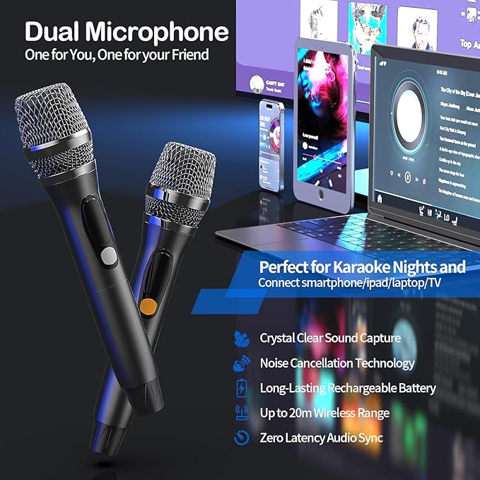 Portable Bluetooth Speaker with 2 Wireless Mics | 70W Peak Deep Bass Birchwood Cabinet | Bluetooth PA System for Outdoor Camping, Backyard| Dynamic LED Lights, USB/AUX/OTG, Rechargeable Battery(Black)