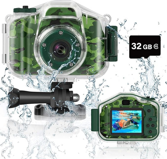 DEKER Waterproof Camera for Kids, Christmas Birthday Gifts for Boys Girls 3-12 Year Old, Mini HD Toddler Digital Video Children Travel Camcorder, 2 Inch IPS Screen with 32GB Card (Green)