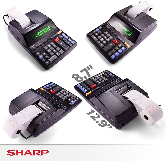 Sharp 12-Digit Print Calculator Desktop Size Adding Machine, Perfect for Everyday Use and Office, Bright, Large Easy-to-Read Numbers on Both The Display and The Two-ColorPrinted Tape (EL2196BL)