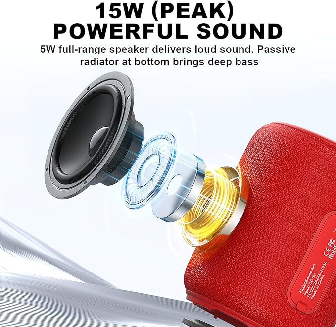 Bobtot Portable Speaker Bluetooth, IPX6 Shower Speaker Waterproof, 15H Playing Time, Loud and Stereo Sound with Bass, Dual Pairing for Party, Camping, Travel, Red