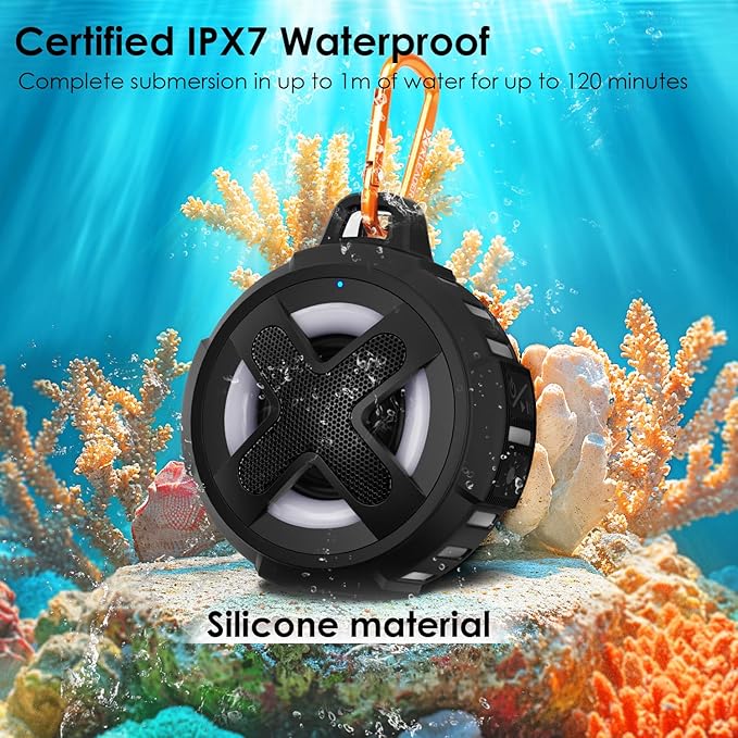 Upgraded, Bluetooth Speaker, Shower Speaker, Certified IP67 Waterproof, Silicone Case, 10W Pro Sound & Deep Bass, 24Hrs Playtime, Lights, Small Wireless, Portable Clip, for Beach Kayak Camping Gifts