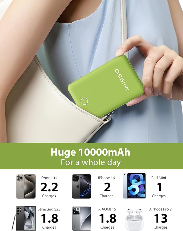 10000mAh Compatible with iPhone 15/16/17 (Only) Slim Portable Charger with Built in Cable, Power Bank Travel Charger External Battery Pack for Phone, 3 Output USB Type C Cord Clutch Charger, Green