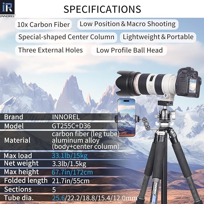 Carbon Fiber Tripod-INNOREL GT255C Professional Camera Compact Tripod Stand for Travel Outdoor Digital DSLR with Low Gravity Center Ballhead Special-Shaped Center Column Max Height 67.7in/172cm