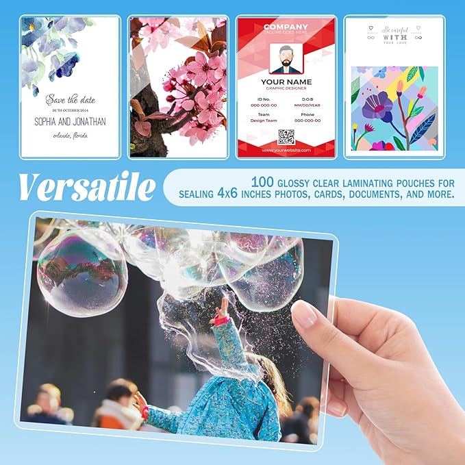 Thermal Laminating Pouches, 100 PCS Clear Sheets for Sealed 4x6 inches Photo Card Documents