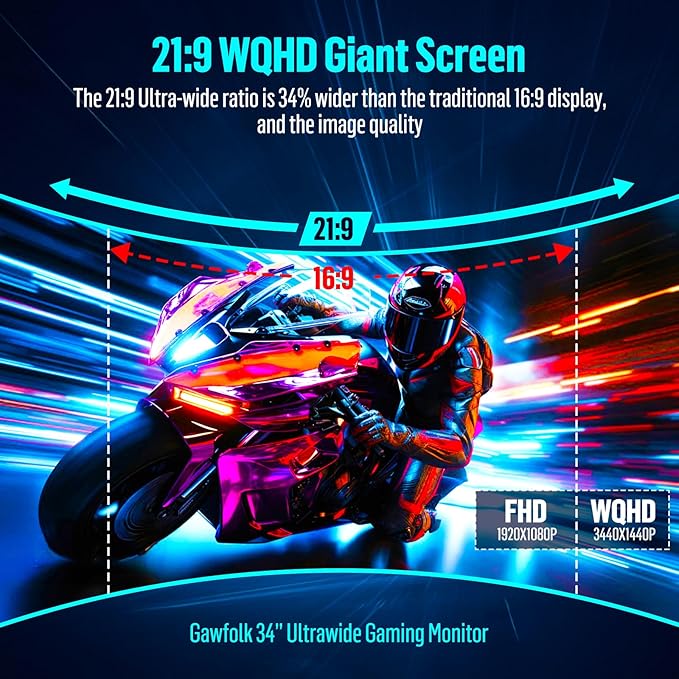 34 Inch Ultrawide Curved Gaming Monitor, 1500R PC Screen 165hz UWQHD 4K, Curved Computer Screen with FreeSync, Support Wallmount 75x75mm-Black