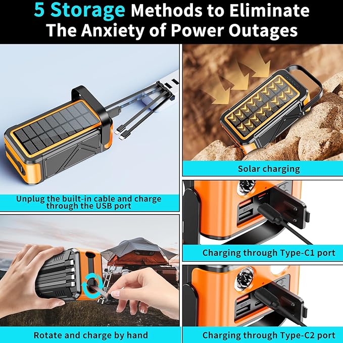 Ultra High Capacity Solar Power Bank 80000mAh, PD18W Solar Charger Power Bank with Built-in Cables, 4 Outputs & 2 Inputs, Outdoor Battery Pack with LED Flashlight for Outdoor Camping Survival(Orange）