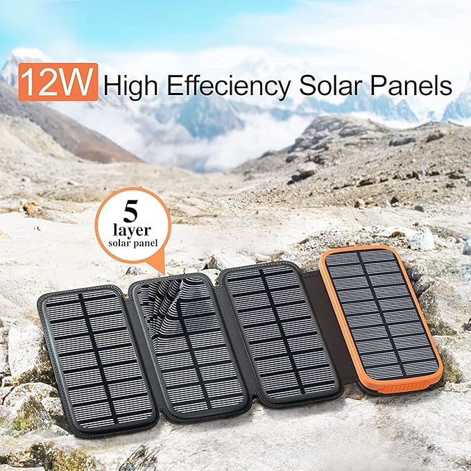 CONXWAN Solar Charger Power Bank – 27000mAh USB C Solar Phone Charger with 3 USB Outputs with 4 Foldable Solar Panels Battery Pack Charger Compatible with Most Smart Phone