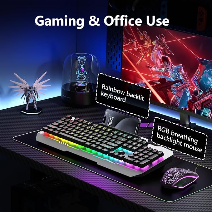 AULA Keyboard, T102 104 Keys Gaming Keyboard and Mouse Combo with RGB Backlit Number Pad, All-Metal Panel Waterproof Light Up PC Keyboard,USB Wired Computer Keyboards Gaming for Win XP/7/8/10 PC Gamer