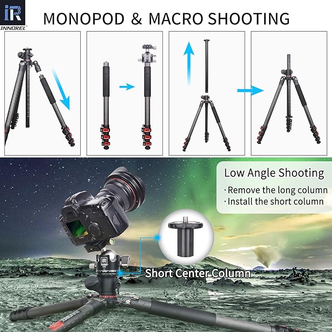 Carbon Fiber Horizontal Tripod INNOREL YT284C with Rotatable Multi-Angle Center Column,29mm Tube Professional Travel Camera Tripod Monopod for Digital DSLR Video Camcorder Overhead Shooting Load 20kg