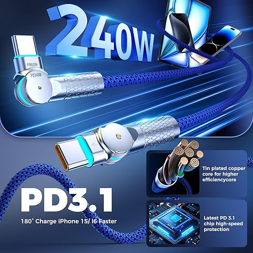 USB C to USB C Cable 10FT 240W, 180°Rotating USB C Cable Braided Type C Charger Cable Fast Charge for iPhone 17/16Pro 17/16Plus 17/16ProMax,MacBook Air,iPad Pro,Pixel,Samsung Galaxy S23/S24Ultra-Blue