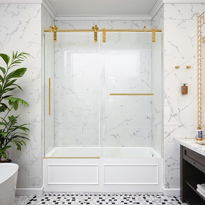 56-60" W x 66" H Tub Shower Door Bathroom Sliding Shower Door 5/16"(8mm) Thick Tempered Glass Shower Door with Double Stainless Steel Handles for Bathtub, Brushed Gold