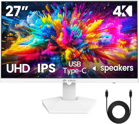 CRUA 27" 4K White Monitor, UHD(3840x2160P) IPS Panel, 60Hz Computer Monitor, Supports AMD Freesync, USB Type-C, 120% sRGB, Built-in Speakers, Wall Mountable, for Work, Streaming, and Home Office