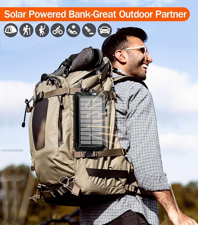 GOODaaa Power Bank Wireless Charger 36000mAh Built in 4 Cables Six Outputs 15W Fast Charging Power Bank for All Mobile Devices Three Inputs Solar Portable Charger with Dual Flashlights, Carabiner