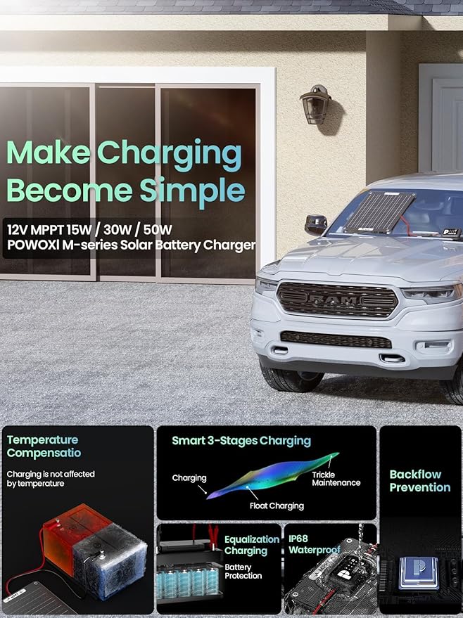 POWOXI 30W Solar Battery Charger: 12V Solar Car Battery Trickle Maintainer - with MPPT Controller Parameter Adjustable - for RV Boat Marine Motorcycle Trailer Truck Tractor - Solar Panel Kit