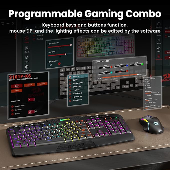 Redragon S101M-KS Gaming Keyboard and Mouse Wireless with Tri-Mode, RGB Keyboard and 4800 DPI Gaming Mouse, 10 Independent Multimedia Keys for Wins, PC, Computer, Wireless S101 Ideal for Gamer
