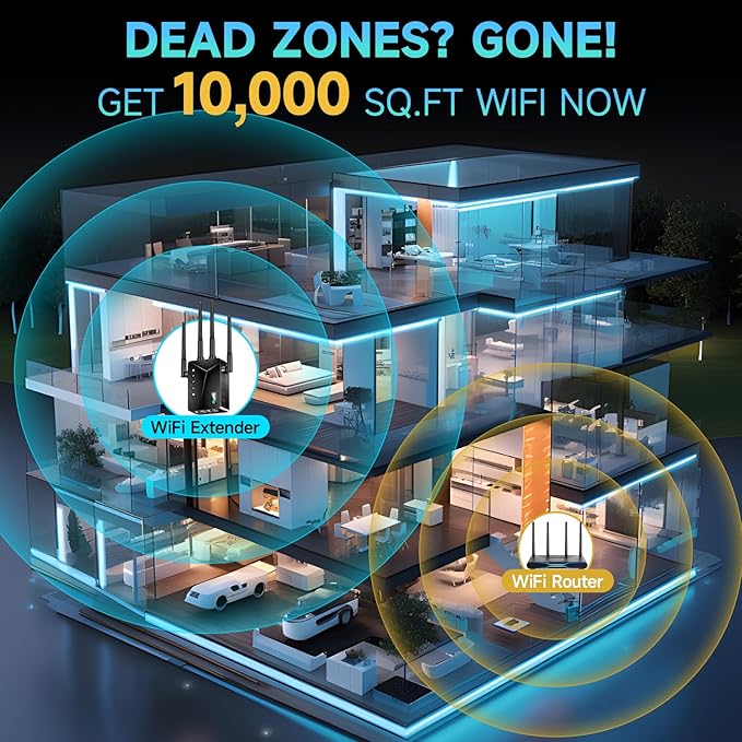 WiFi Extender Signal Booster for Whole Home & Backyard - 10K Sq.Ft Coverage w/4 Antennas | 90% Faster Internet Booster w/Ethernet Port, Easy Setup Wireless Repeater Works with Any Router